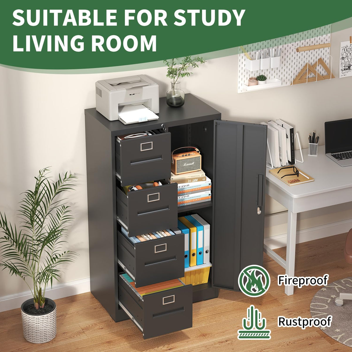 4 Drawer Vertical File Cabinet with Lock and Storage Shelves Black I61667