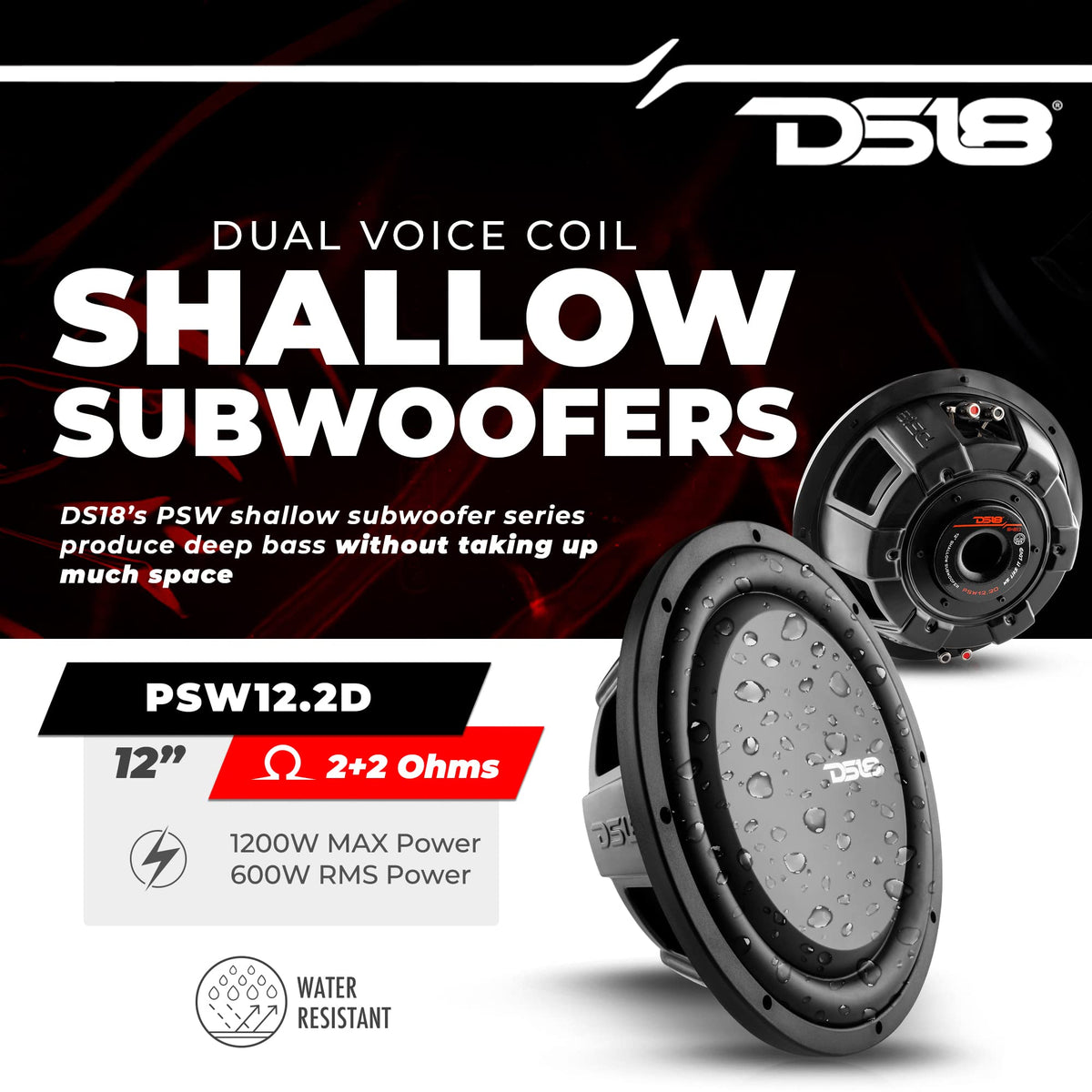 12" Shallow Mount Subwoofer 1200 Watts Max Power Dual Voice Coil 2+2 OHMS Water Resistant B779