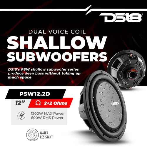 12" Shallow Mount Subwoofer 1200 Watts Max Power Dual Voice Coil 2+2 OHMS Water Resistant B779