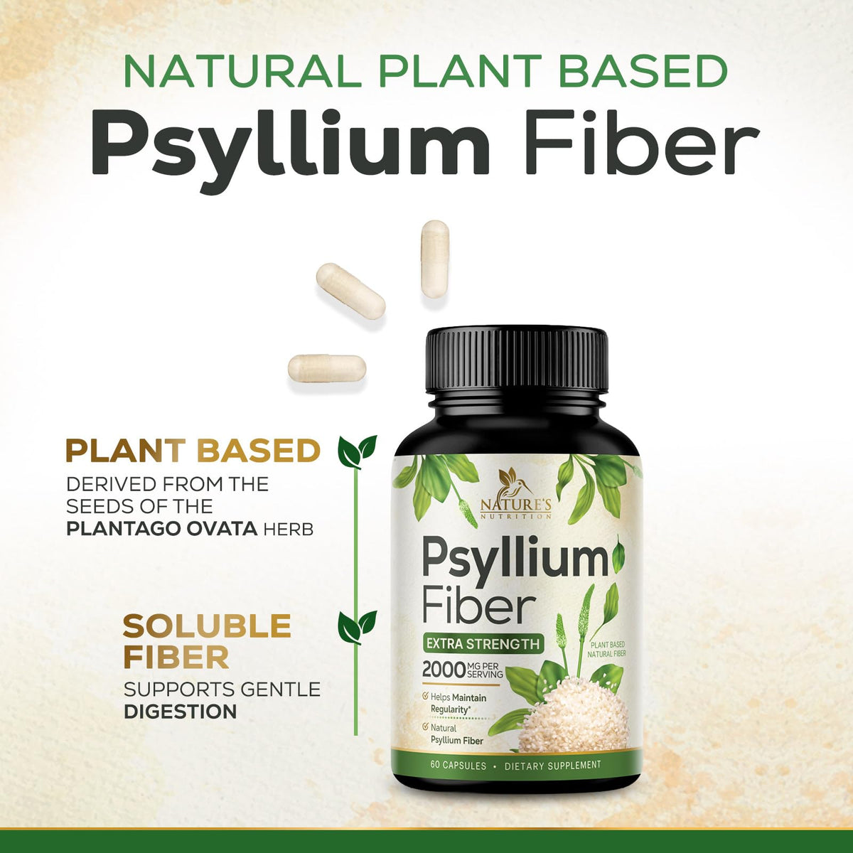 Psyllium Husk Powder 2000mg Fiber Supplement 60 Capsules S9647