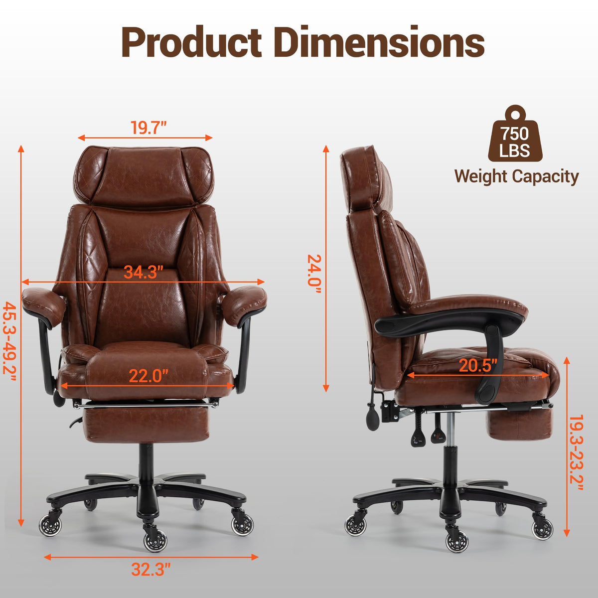 Big and Tall Executive Office Chair with Footrest, Brown N366