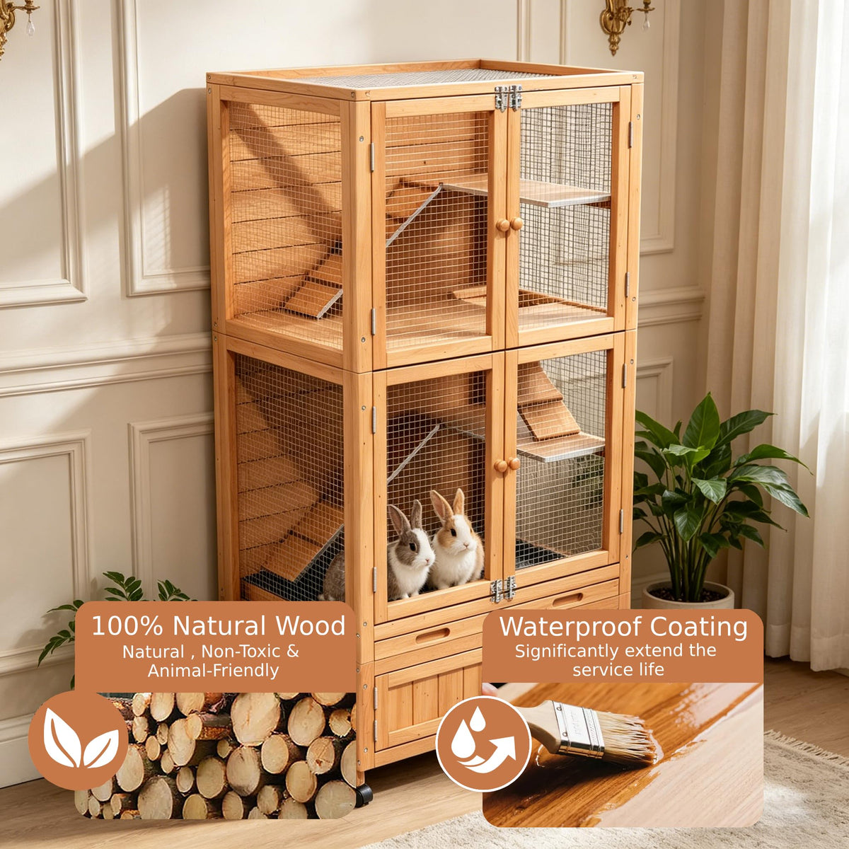 2-Story Wooden Rabbit Hutch with Ramp, Trays & Wheels I386