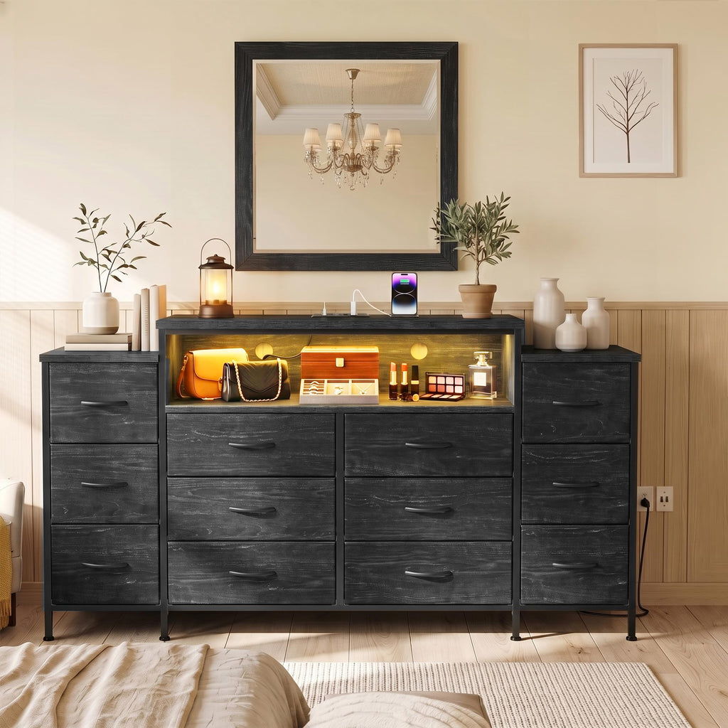 12 Drawer Dresser with LED Lights and Charging A5013