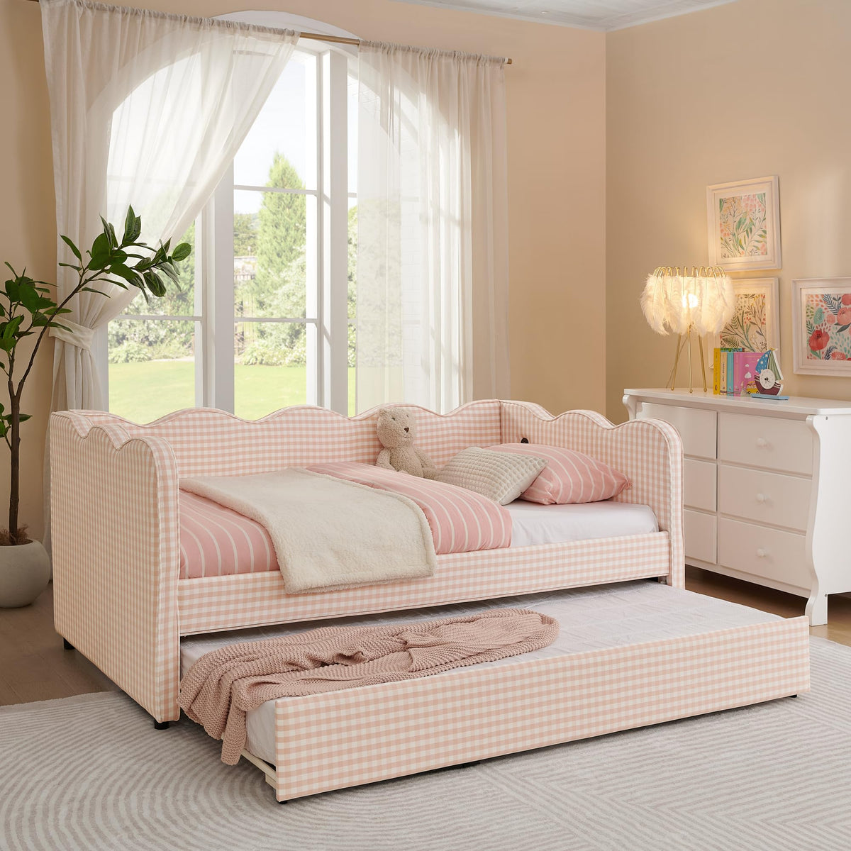 Pink Linen Upholstered Daybed X51992