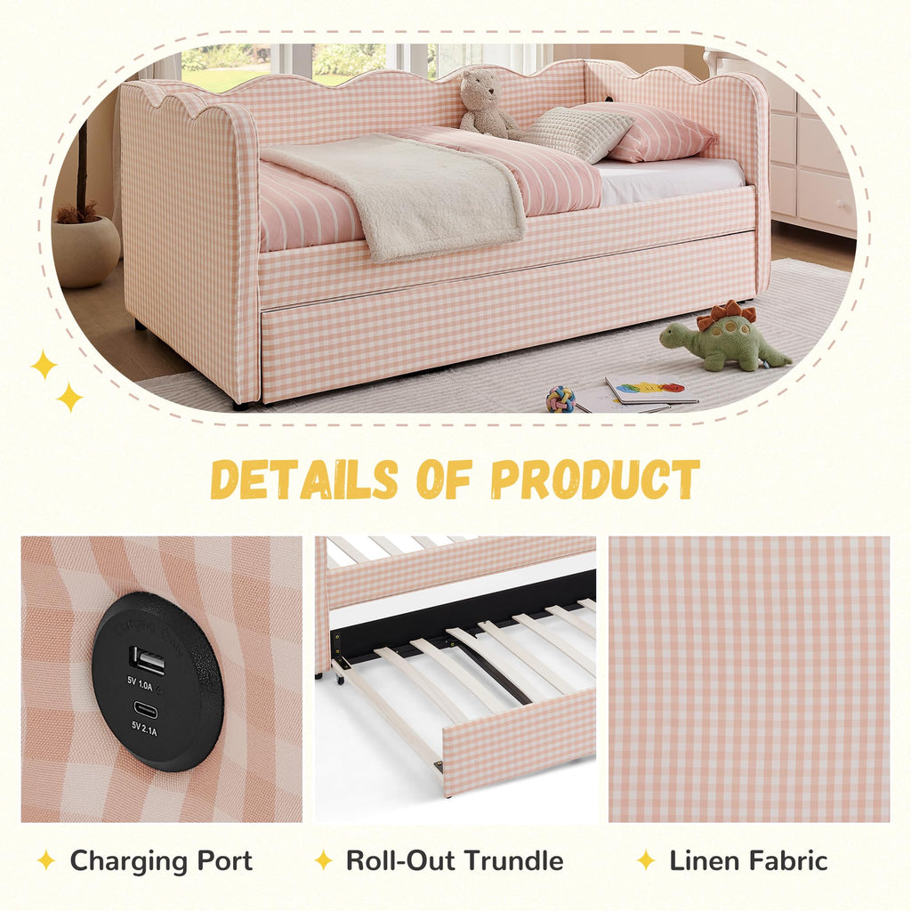 Pink Linen Upholstered Daybed X51992