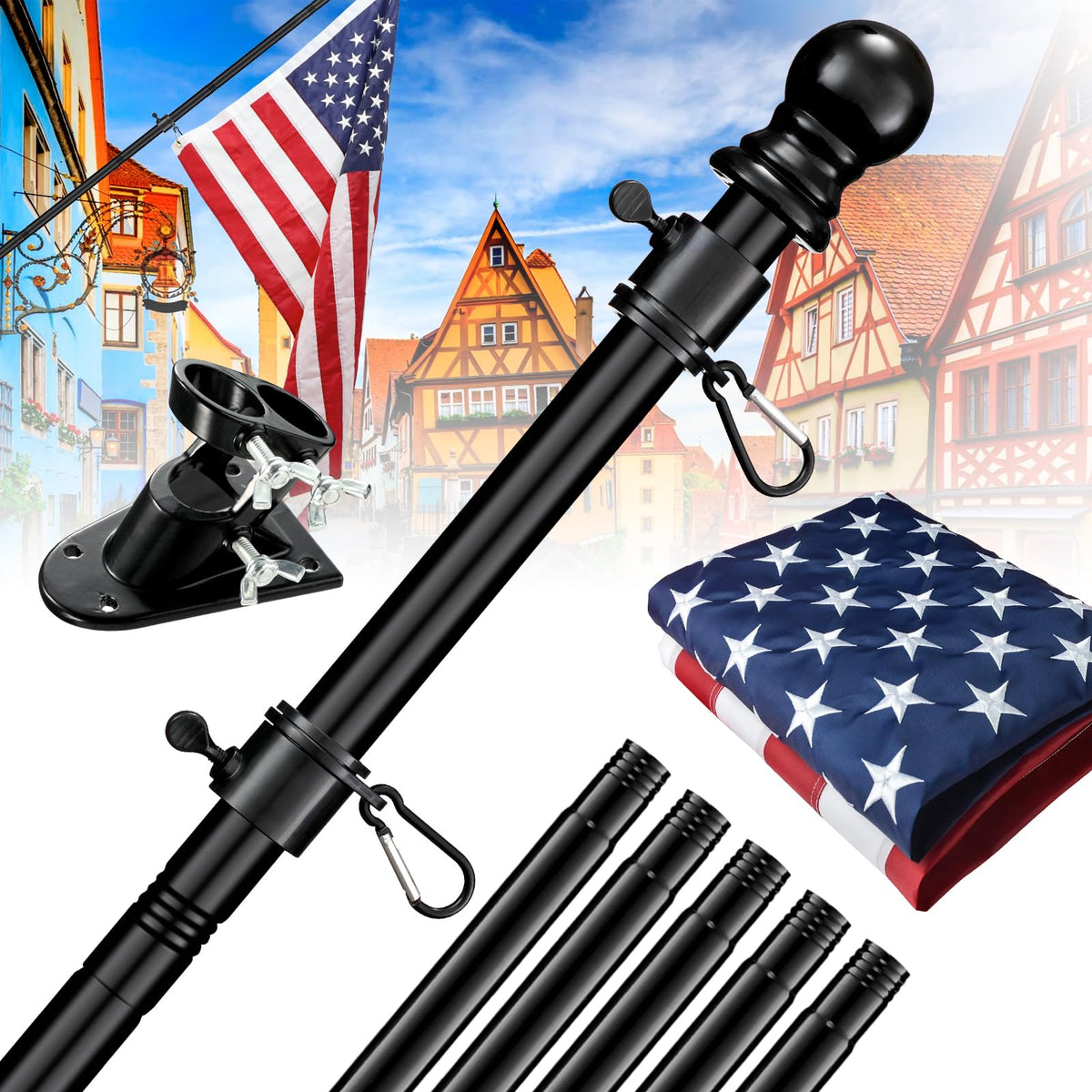 6FT Heavy Duty Tangle Free Flagpole Kit with 4x6FT Embroidered US Flag B152