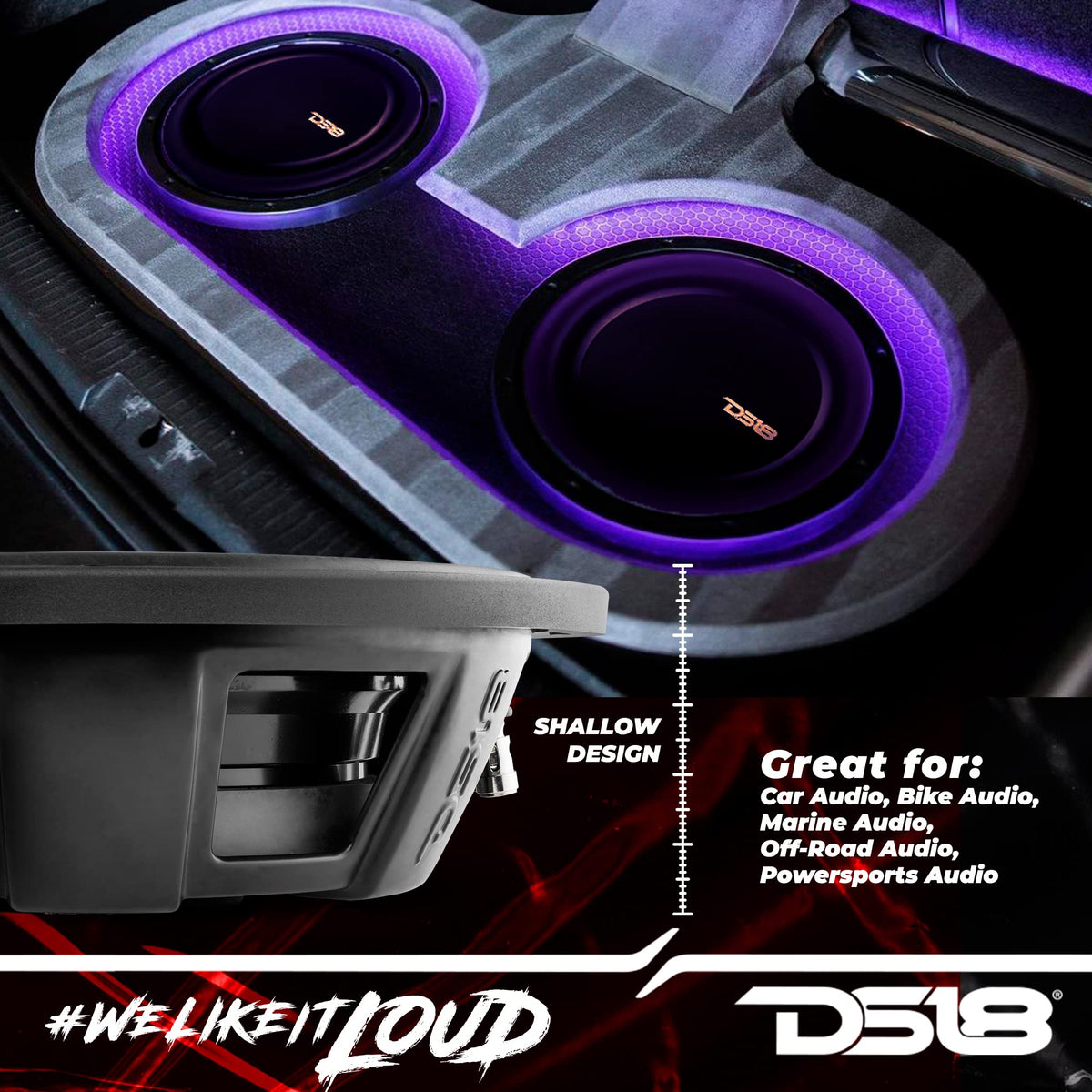 12" Shallow Mount Subwoofer 1200 Watts Max Power Dual Voice Coil 2+2 OHMS Water Resistant B779