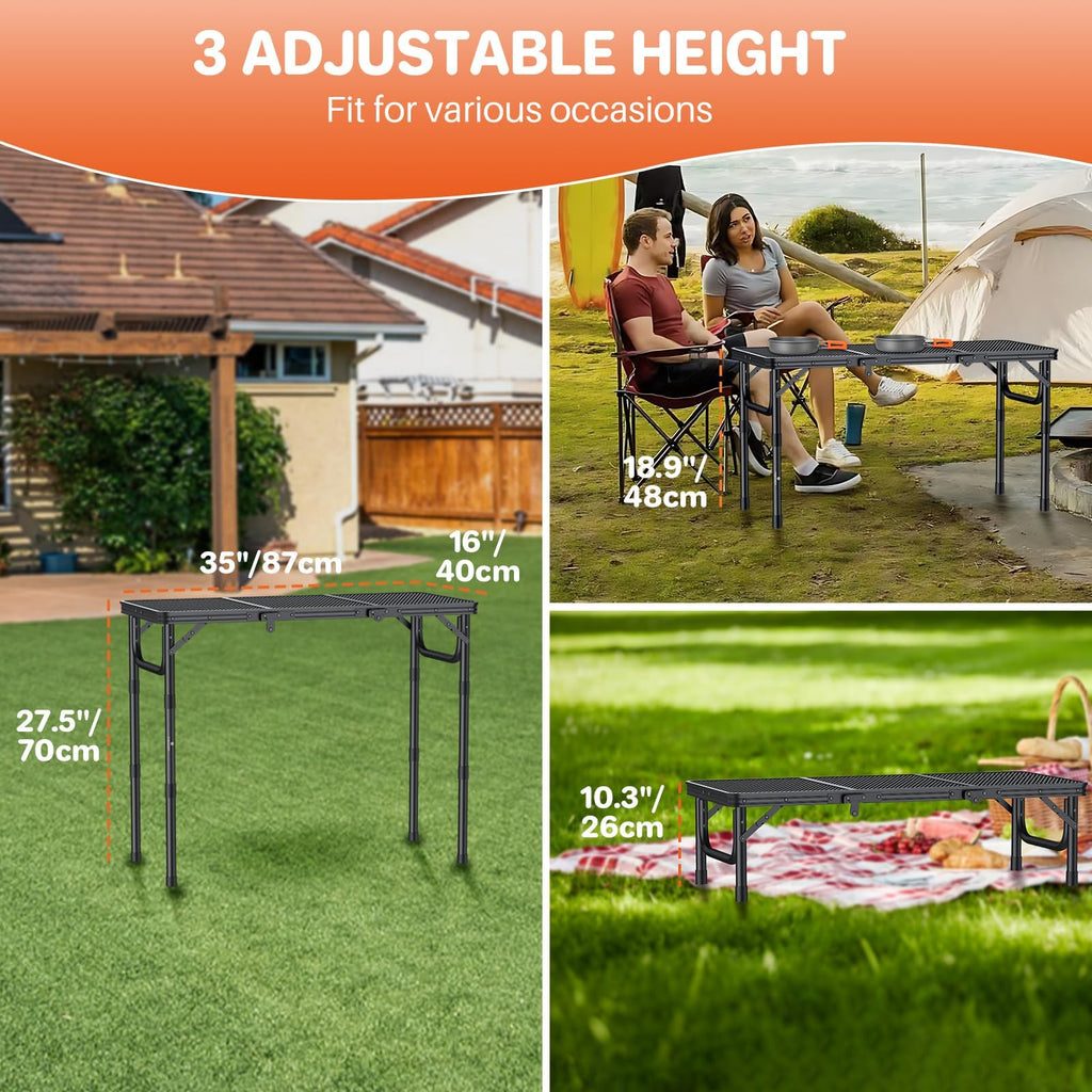 Folding Grill Table 3ft 3 Adjustable Heights Black Y4607