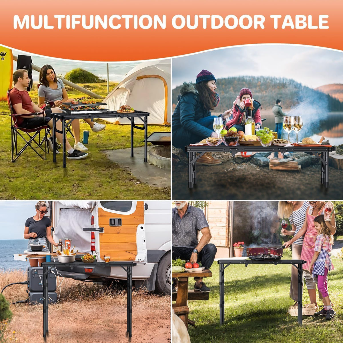 Folding Grill Table 3ft 3 Adjustable Heights Black Y4607