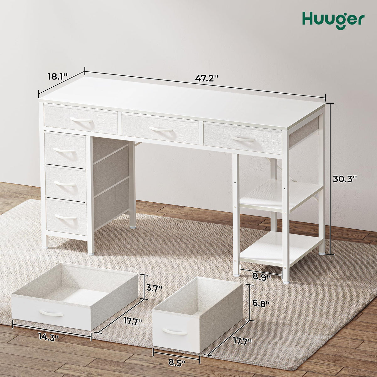 White 6 Drawer Computer Desk with Shelves Y5662
