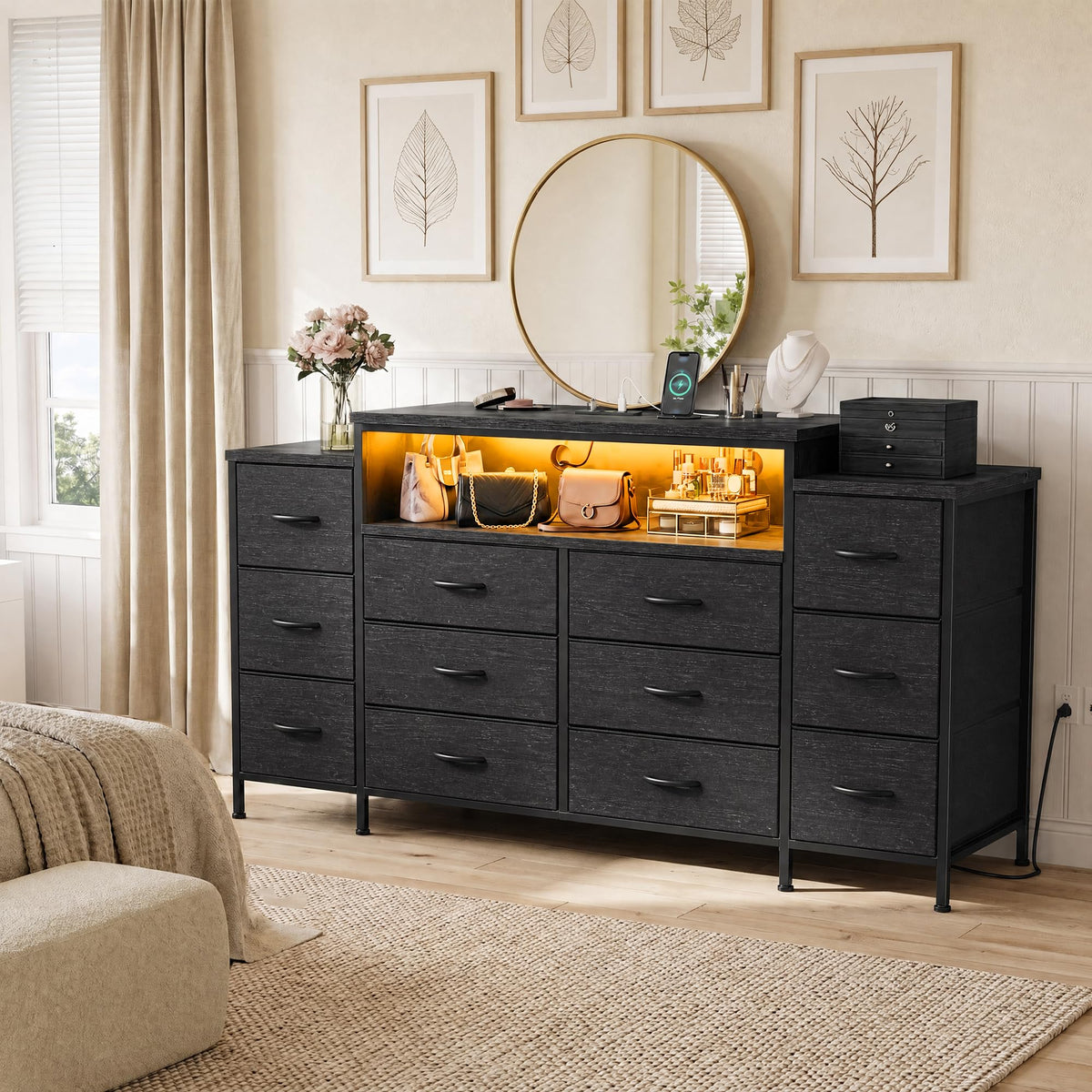 12 Drawer Dresser with LED Lights and Charging A5013