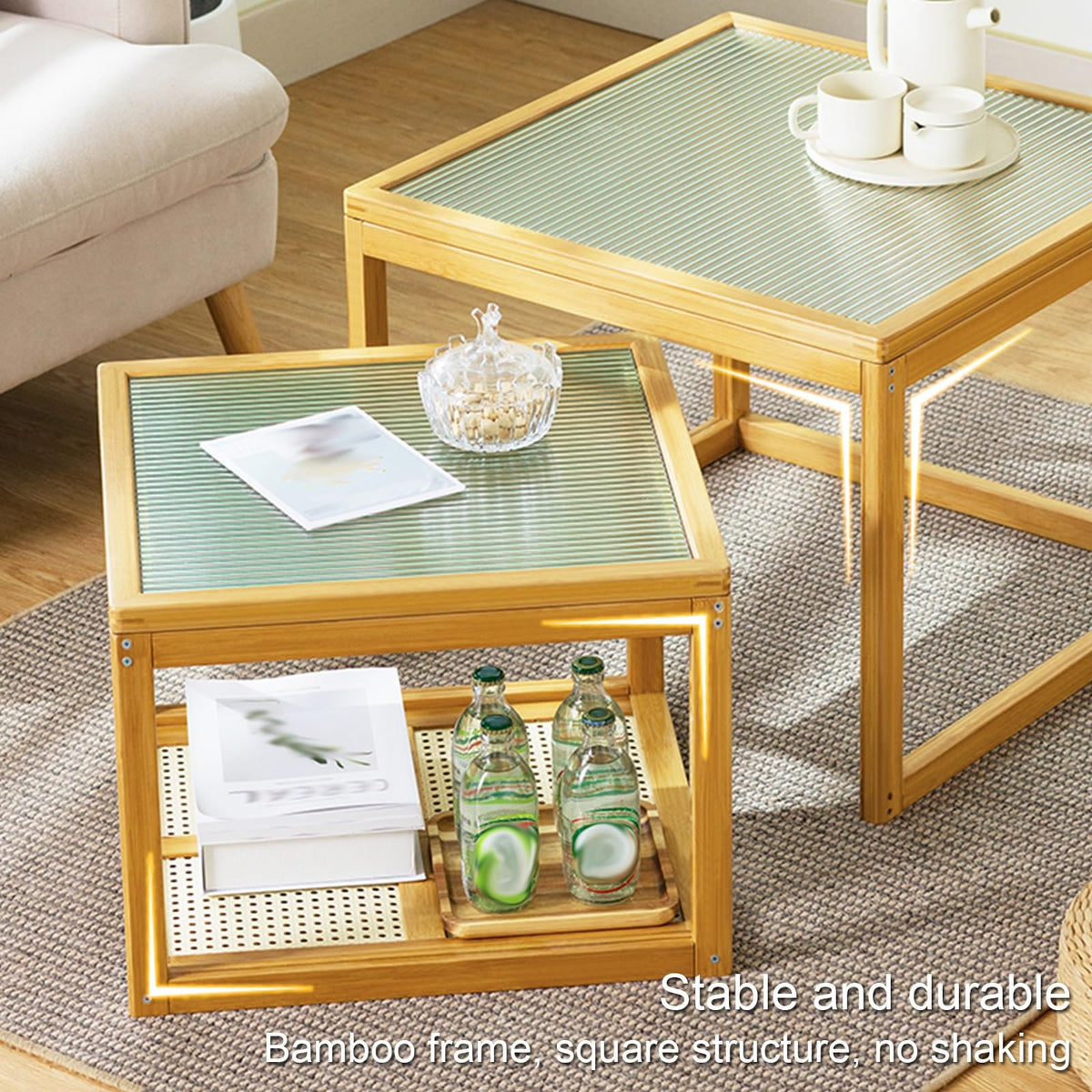 Brown Square Nesting Coffee Table Set of 2 with Tempered Glass and Bamboo N907477