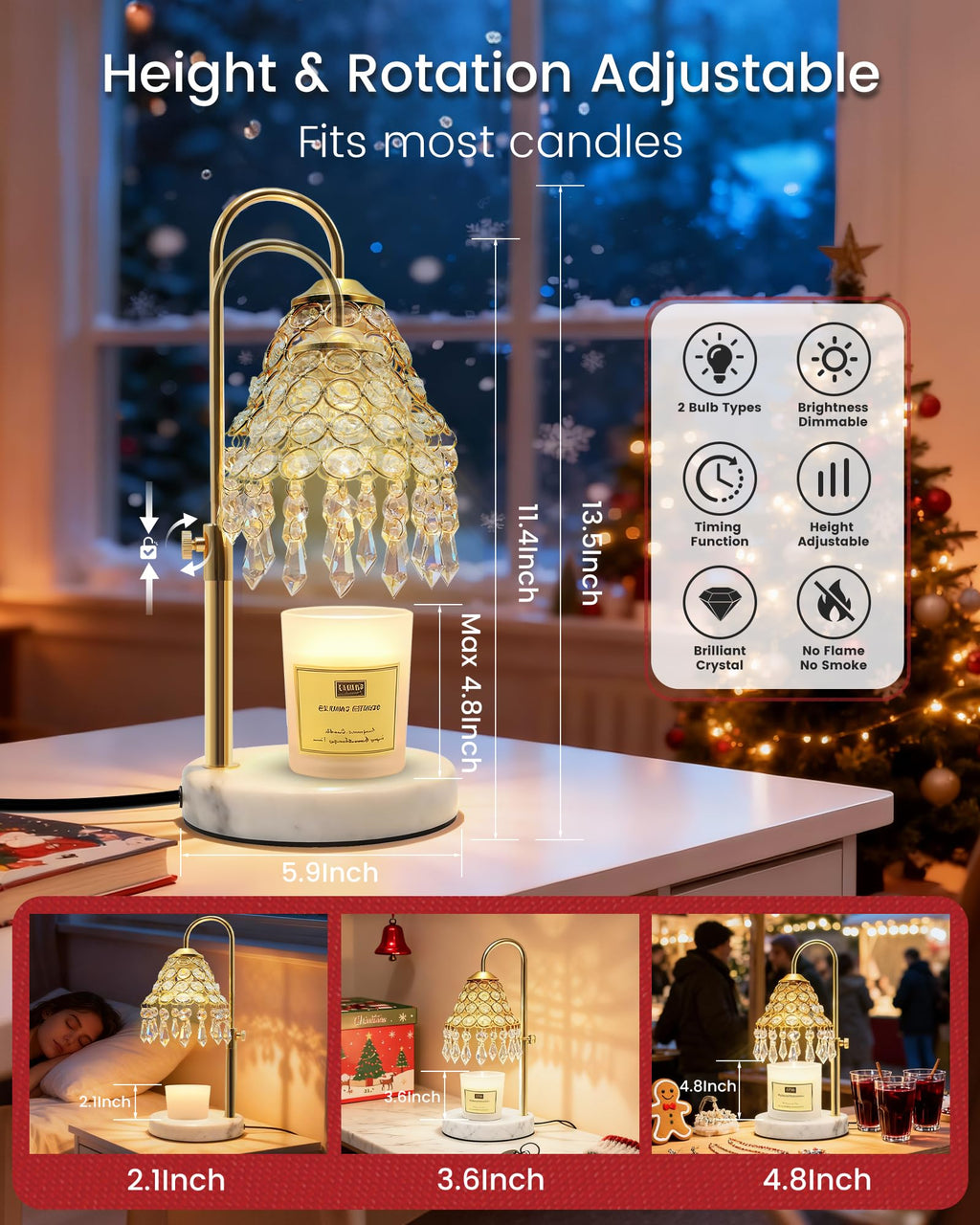 Crystal Candle Warmer Lamp with Timer, Adjustable Height, 50W Halogen Bulb, 5W Night Light, Gold Y7789