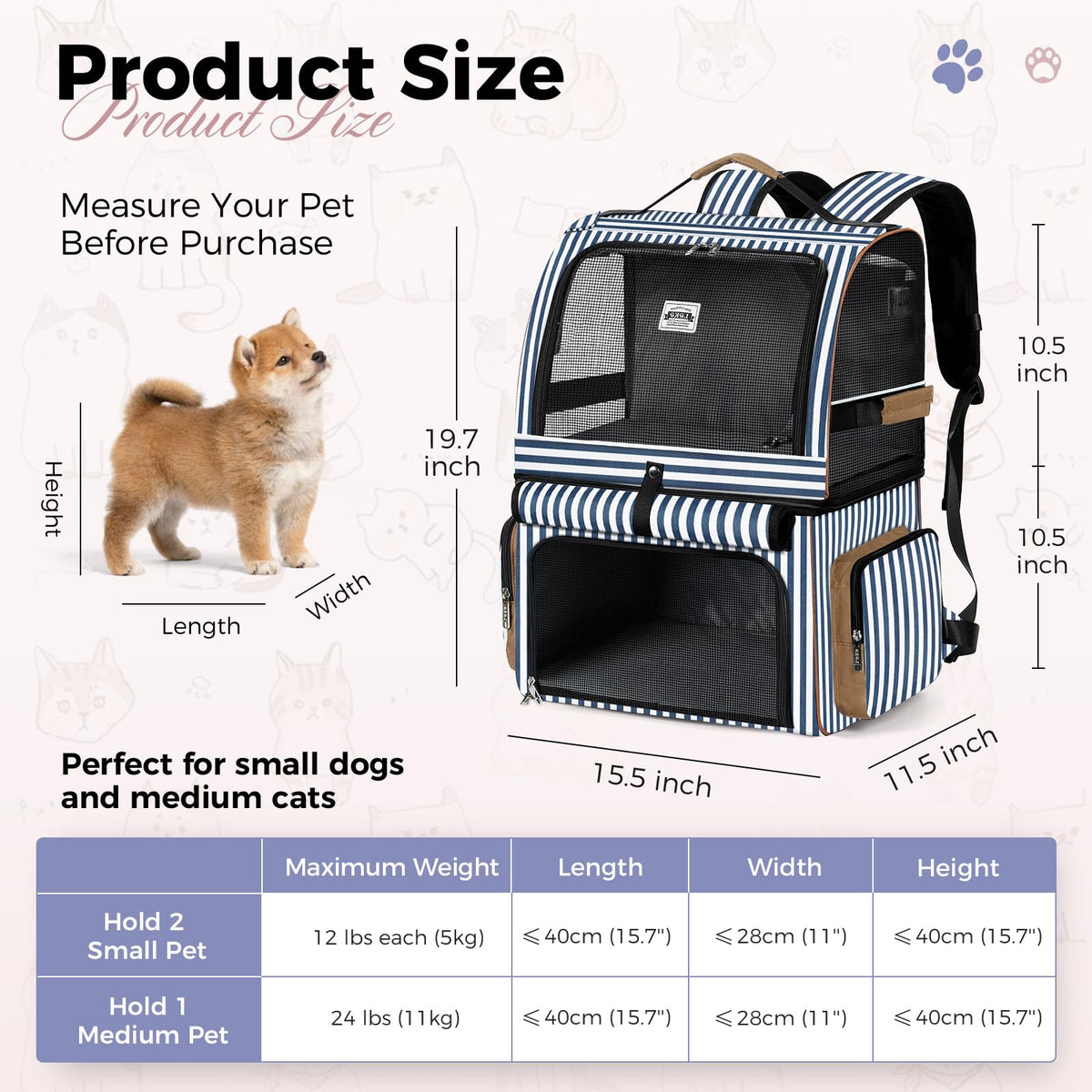 Double Cat Backpack Carrier for 2 Cats Blue Striped L43534