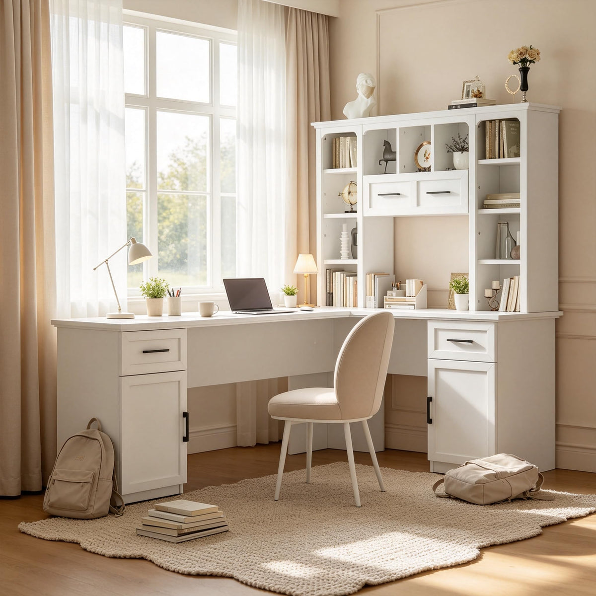 65 Inch White L Shaped Computer Desk with Hutch and Drawers P21404
