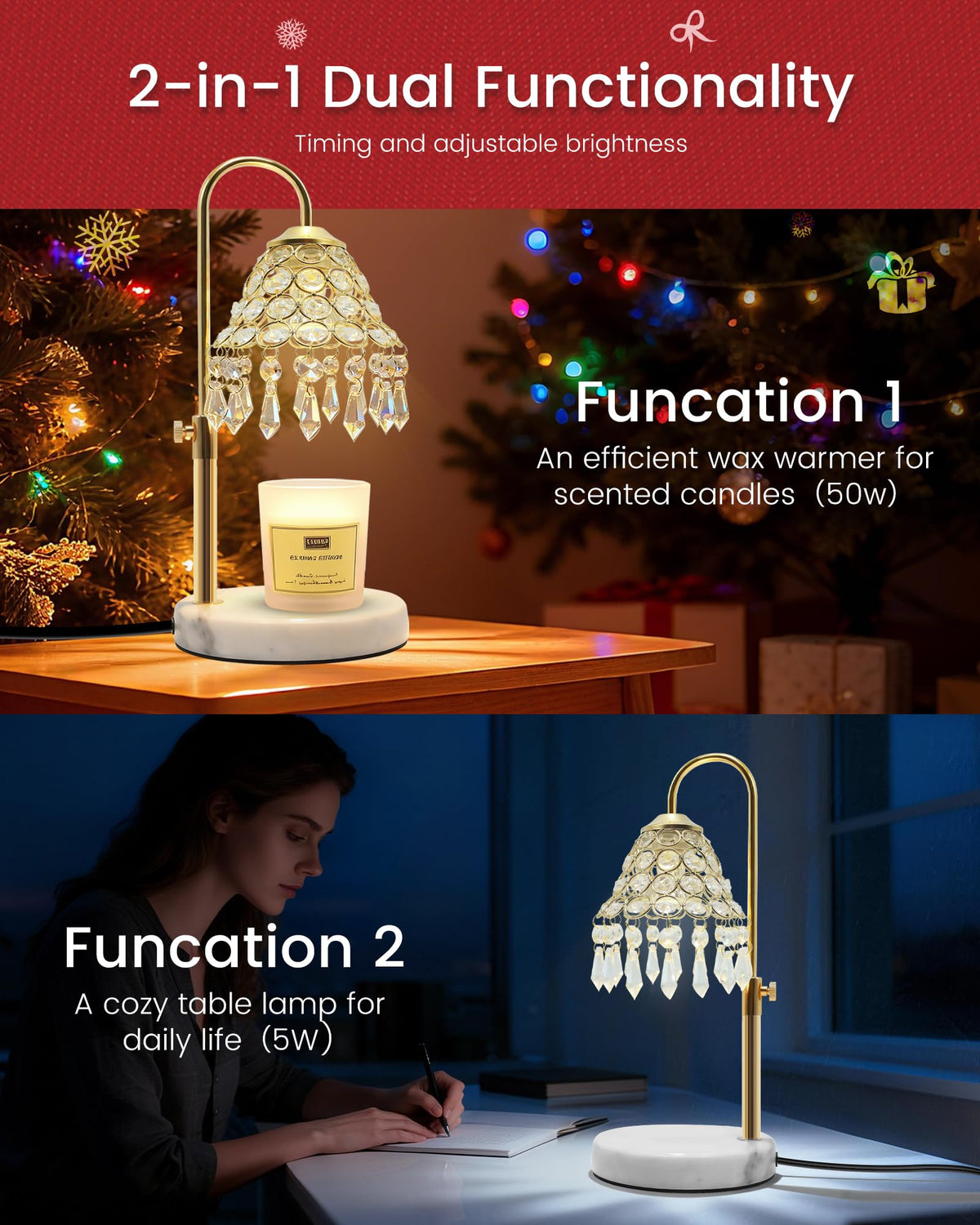 Crystal Candle Warmer Lamp with Timer, Adjustable Height, 50W Halogen Bulb, 5W Night Light, Gold Y7789