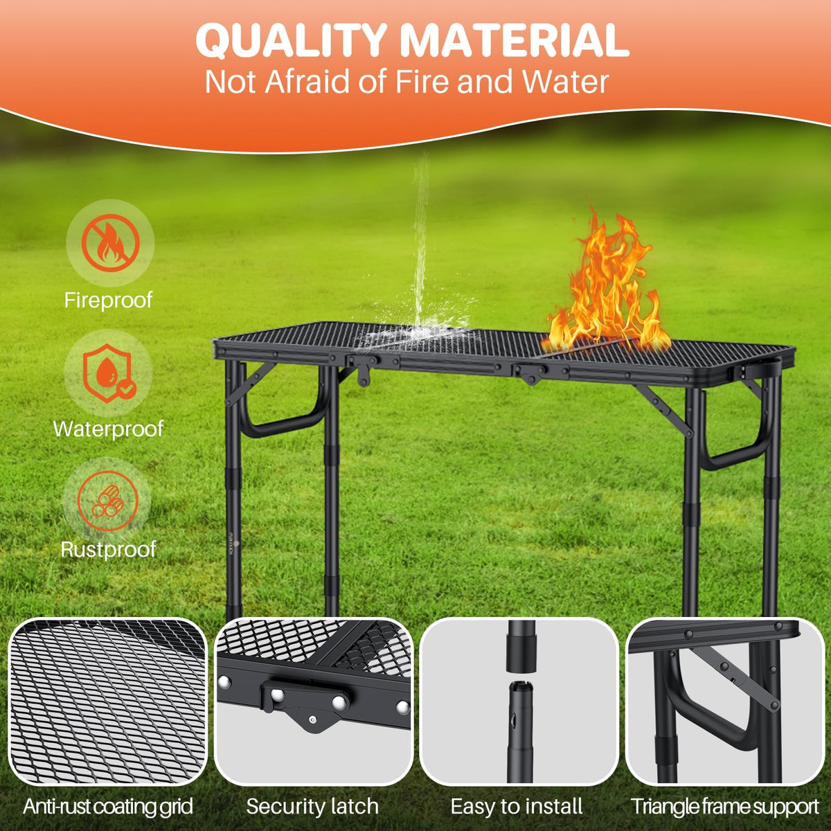 Folding Grill Table 3ft 3 Adjustable Heights Black Y4607