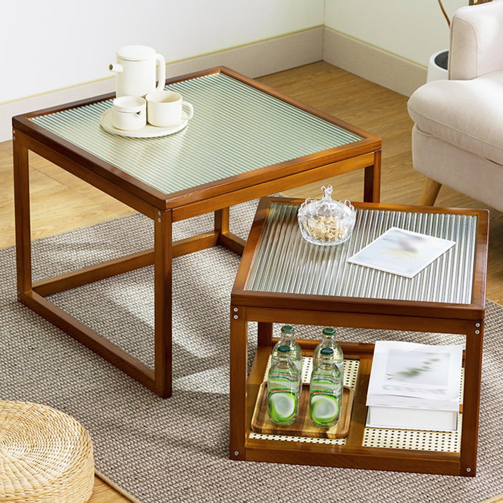 Brown Square Nesting Coffee Table Set of 2 with Tempered Glass and Bamboo N907477