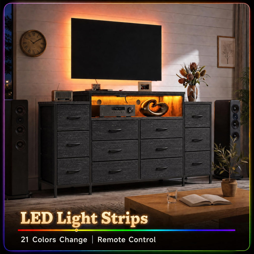 12 Drawer Dresser with LED Lights and Charging A5013