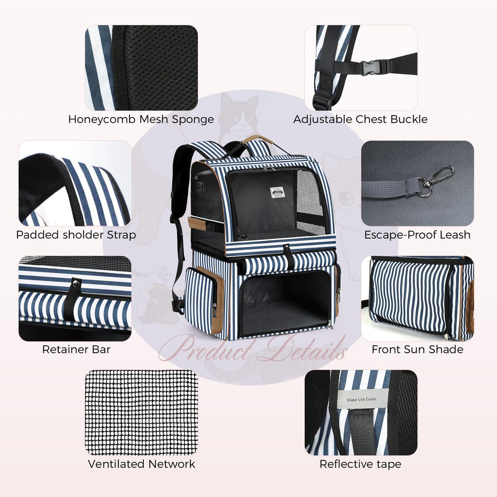 Double Cat Backpack Carrier for 2 Cats Blue Striped L43534