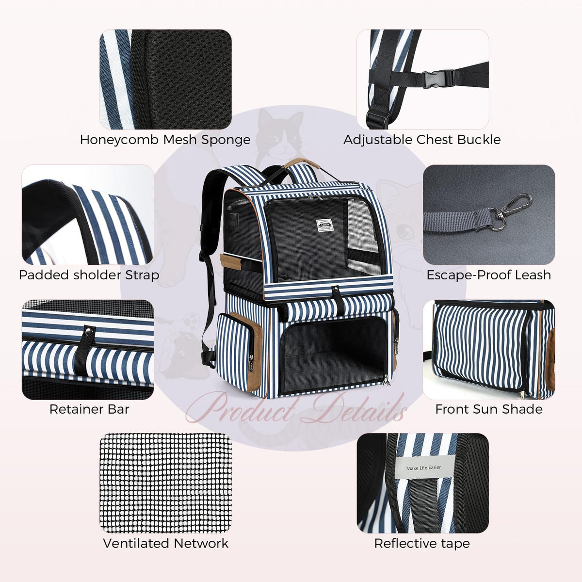 Double Cat Backpack Carrier for 2 Cats Blue Striped L43534