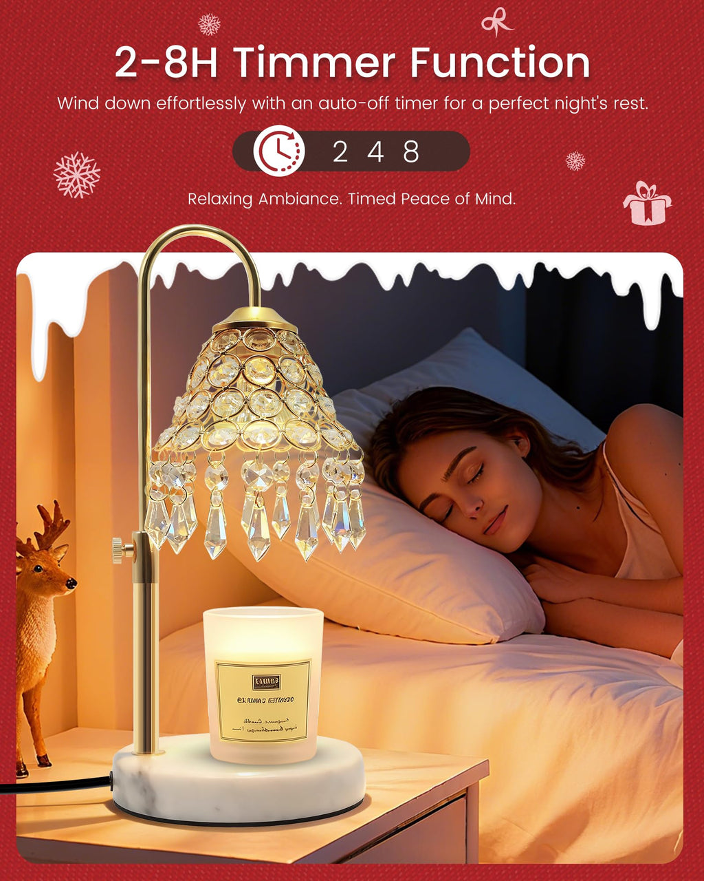 Crystal Candle Warmer Lamp with Timer, Adjustable Height, 50W Halogen Bulb, 5W Night Light, Gold Y7789