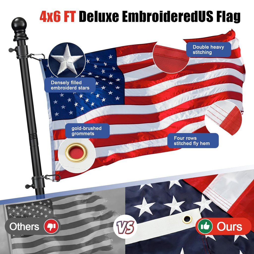 6FT Heavy Duty Tangle Free Flagpole Kit with 4x6FT Embroidered US Flag B152