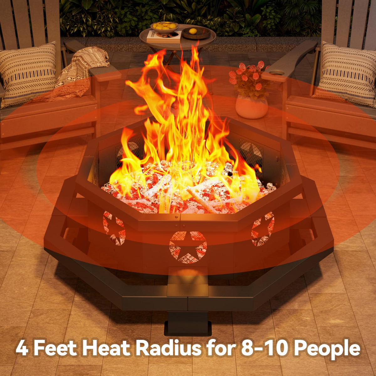 45 Inch Black Wood Burning Octagonal Fire Pit with Poker Q2152