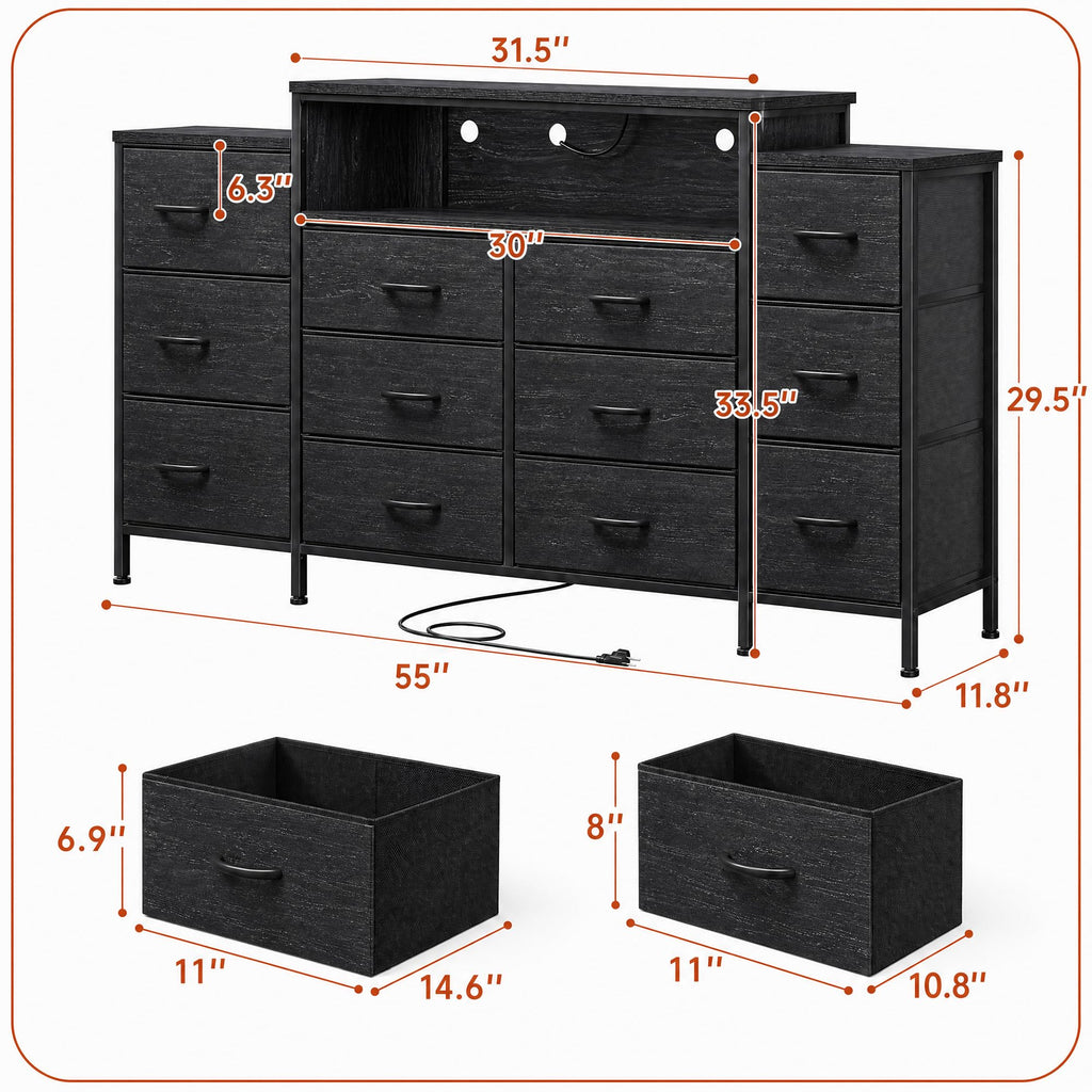 12 Drawer Dresser with LED Lights and Charging A5013