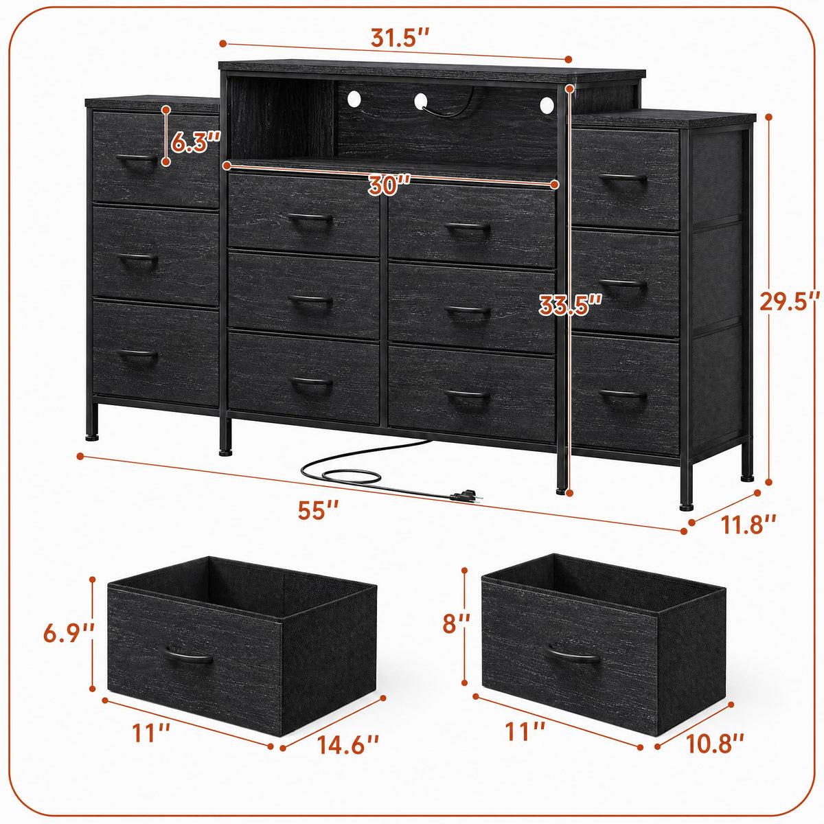 12 Drawer Dresser with LED Lights and Charging A5013