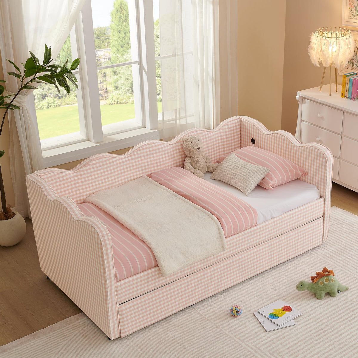 Pink Linen Upholstered Daybed X51992
