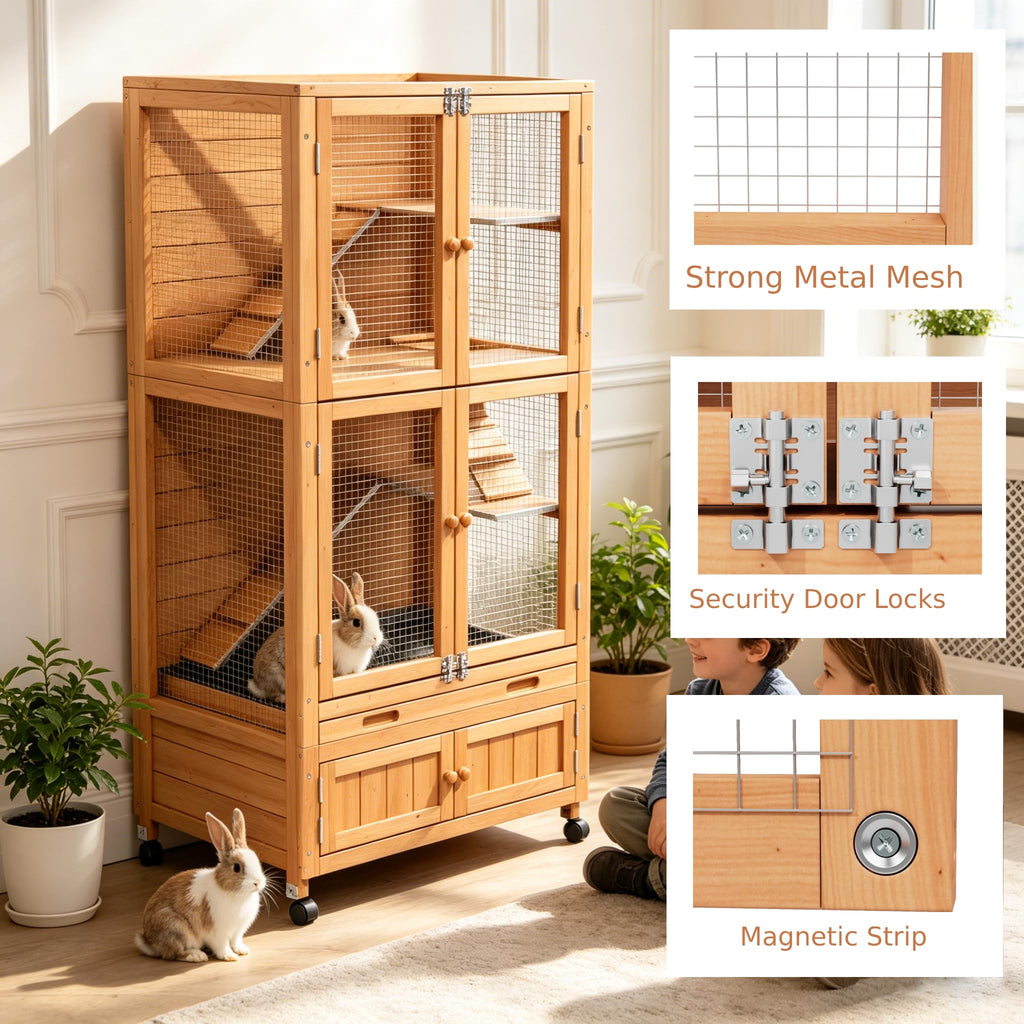 2-Story Wooden Rabbit Hutch with Ramp, Trays & Wheels I386