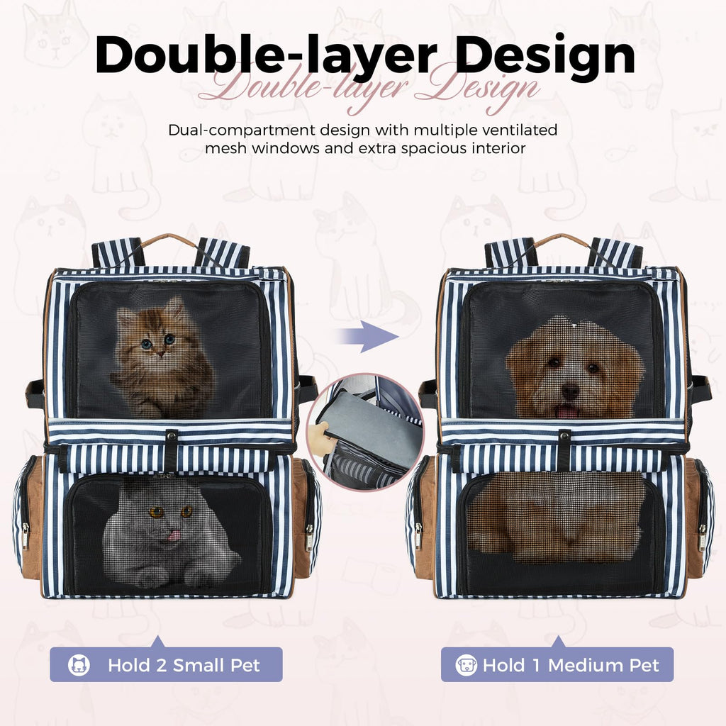 Double Cat Backpack Carrier for 2 Cats Blue Striped L43534