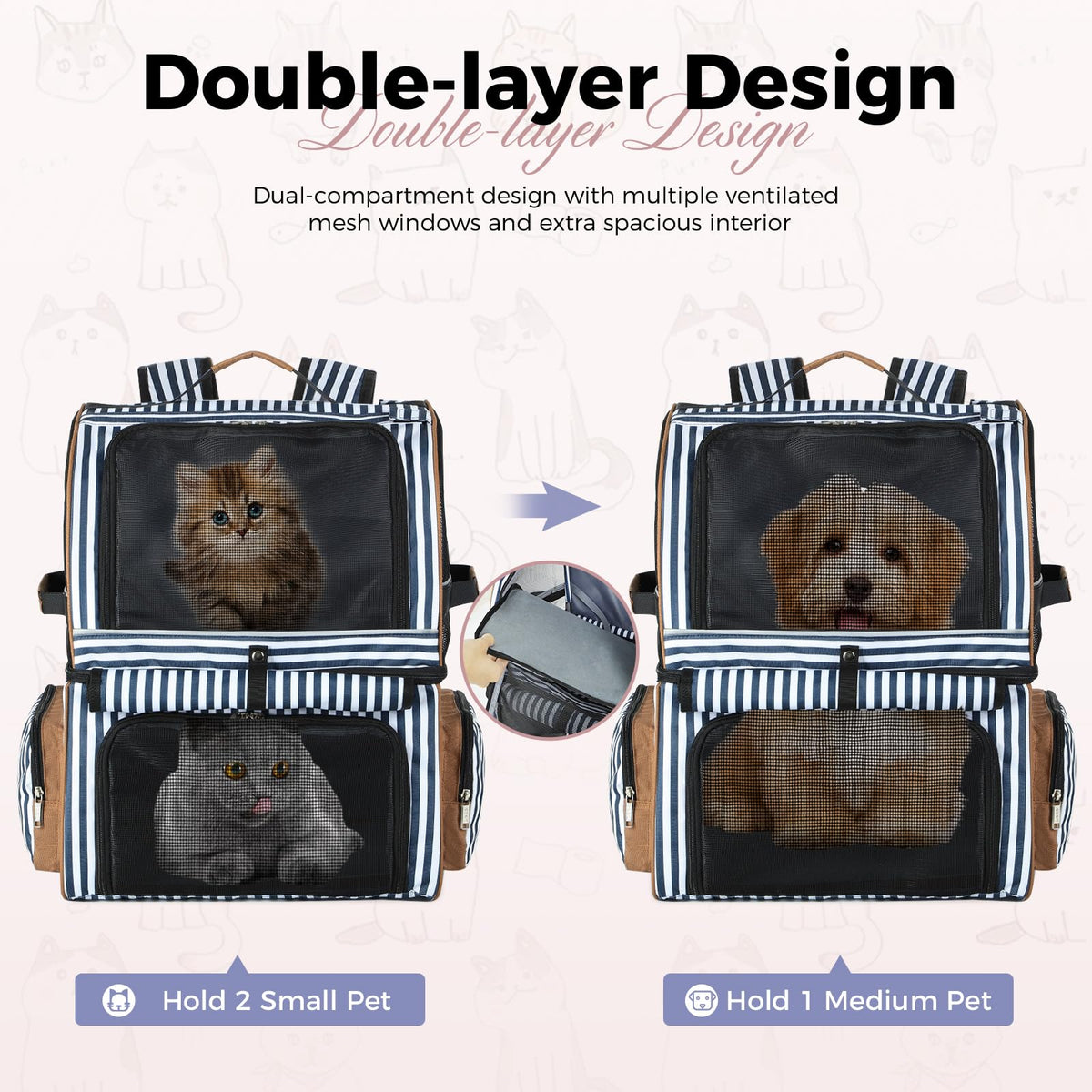 Double Cat Backpack Carrier for 2 Cats Blue Striped L43534