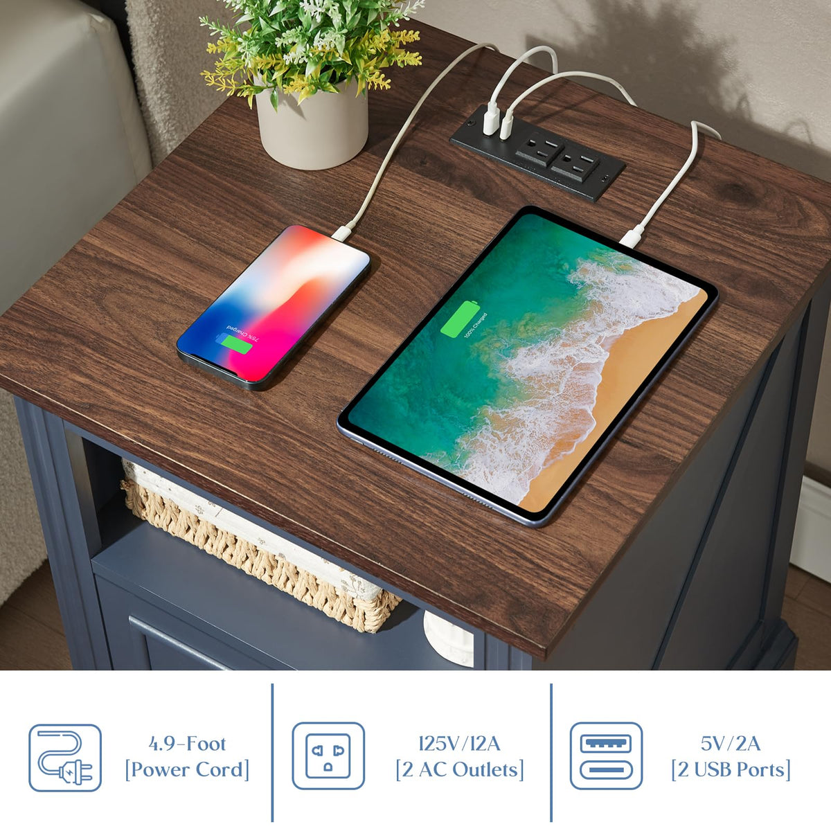 Blue 2 Drawer Nightstand with Charging Station Z26796