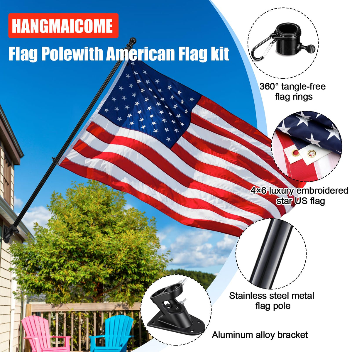 6FT Heavy Duty Tangle Free Flagpole Kit with 4x6FT Embroidered US Flag B152