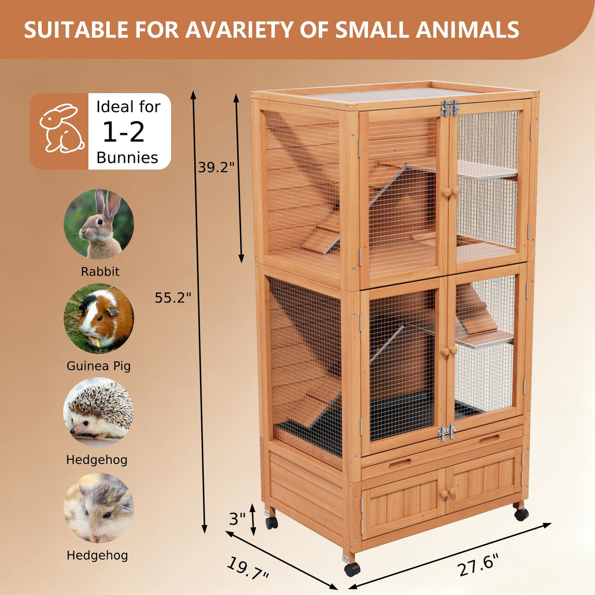 2-Story Wooden Rabbit Hutch with Ramp, Trays & Wheels I386