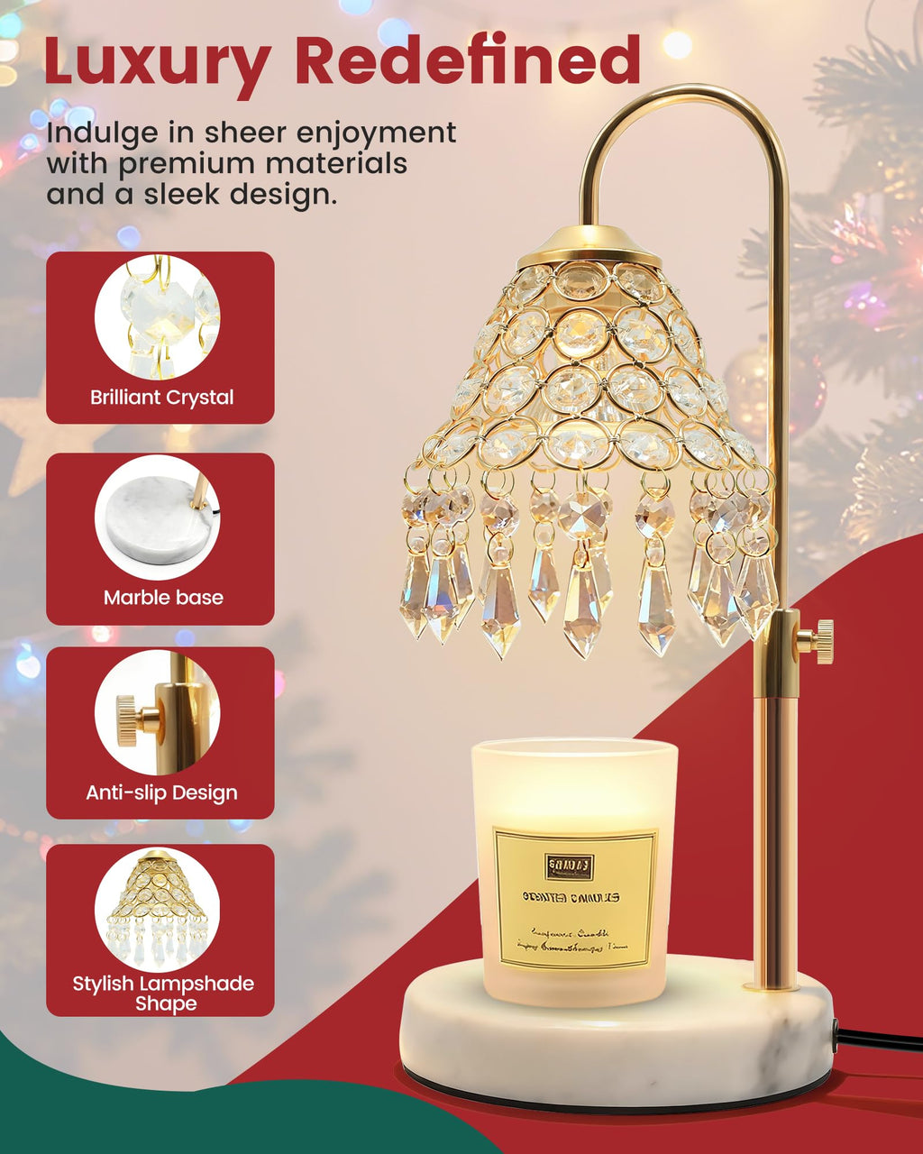 Crystal Candle Warmer Lamp with Timer, Adjustable Height, 50W Halogen Bulb, 5W Night Light, Gold Y7789