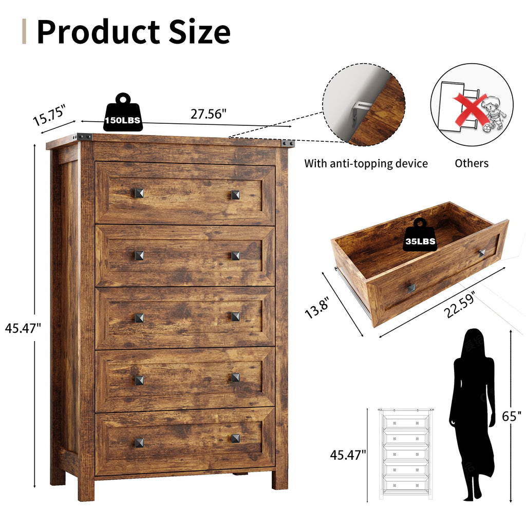 45.5" Tall 5-Drawer Brown Dresser Z2325