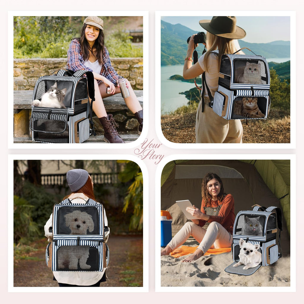 Double Cat Backpack Carrier for 2 Cats Blue Striped L43534