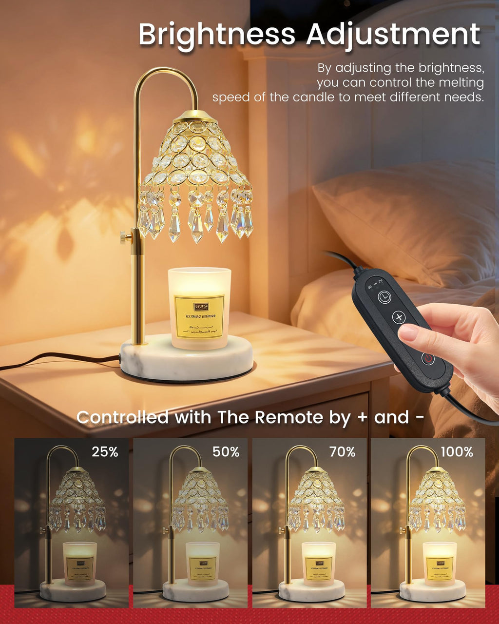 Crystal Candle Warmer Lamp with Timer, Adjustable Height, 50W Halogen Bulb, 5W Night Light, Gold Y7789