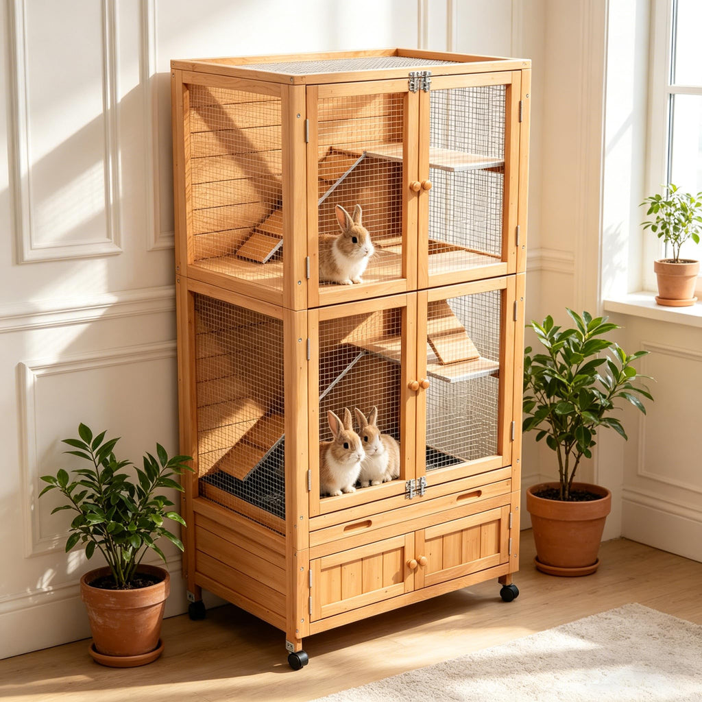 2-Story Wooden Rabbit Hutch with Ramp, Trays & Wheels I386