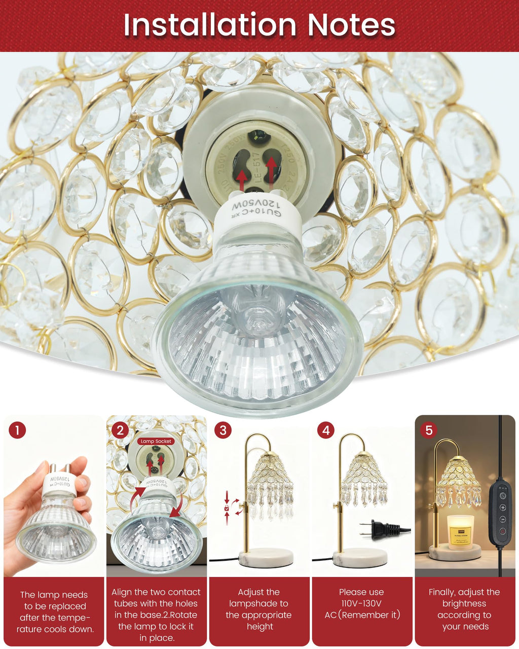 Crystal Candle Warmer Lamp with Timer, Adjustable Height, 50W Halogen Bulb, 5W Night Light, Gold Y7789
