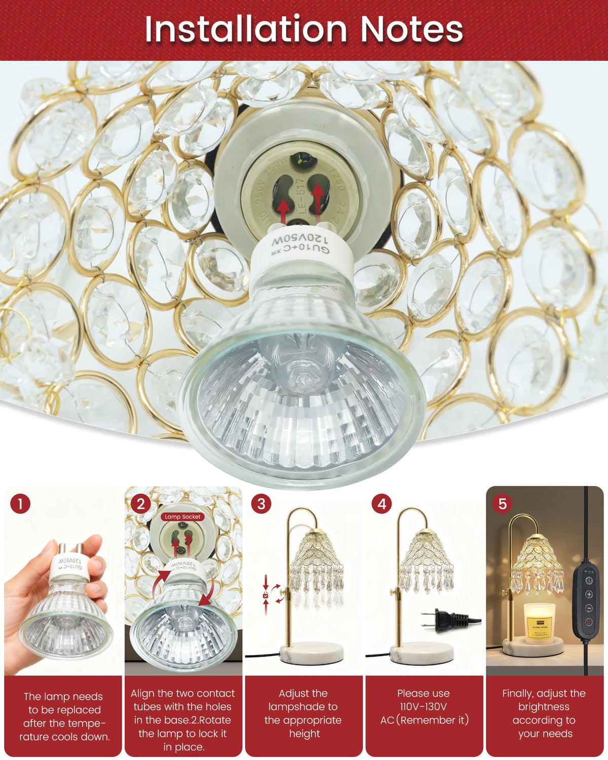 Crystal Candle Warmer Lamp with Timer, Adjustable Height, 50W Halogen Bulb, 5W Night Light, Gold Y7789