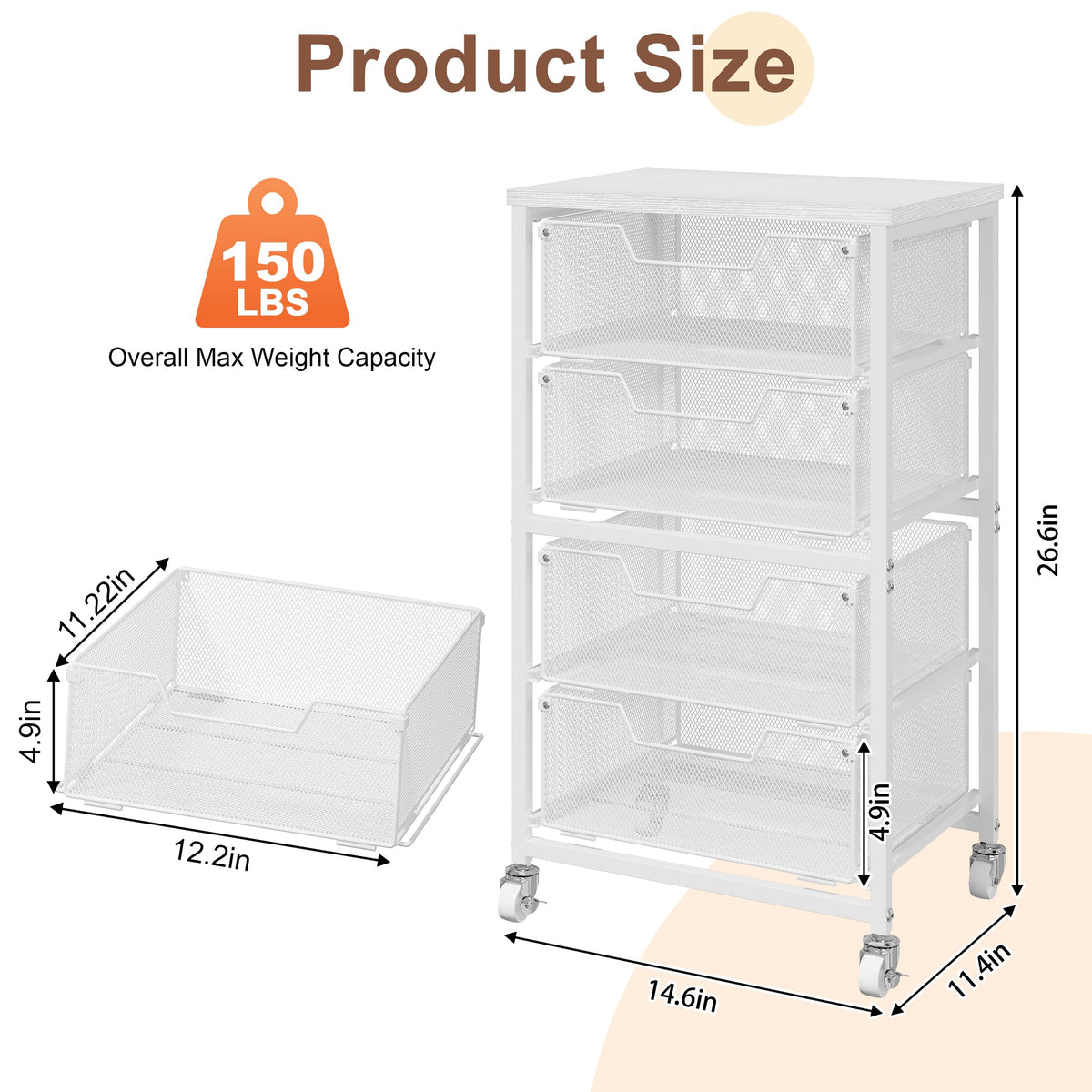 White 4 Drawer Rolling Storage Cart with Wooden Top H90088