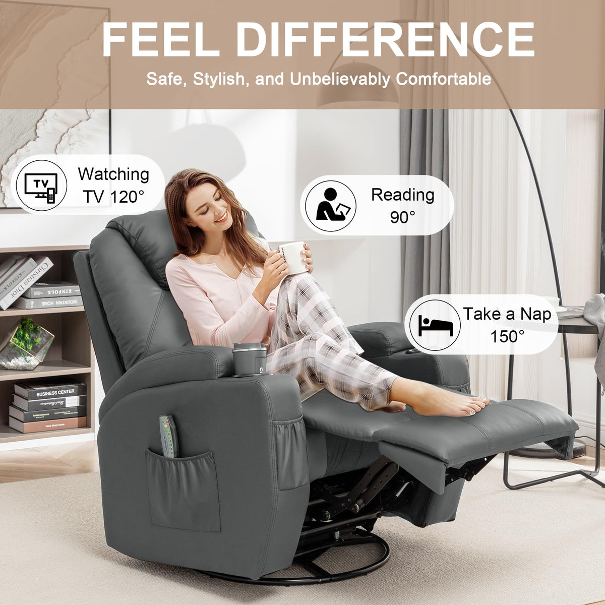 Massage Heat 360° Swivel Rocking Recliner Chair with Remote and Cup Holder A754