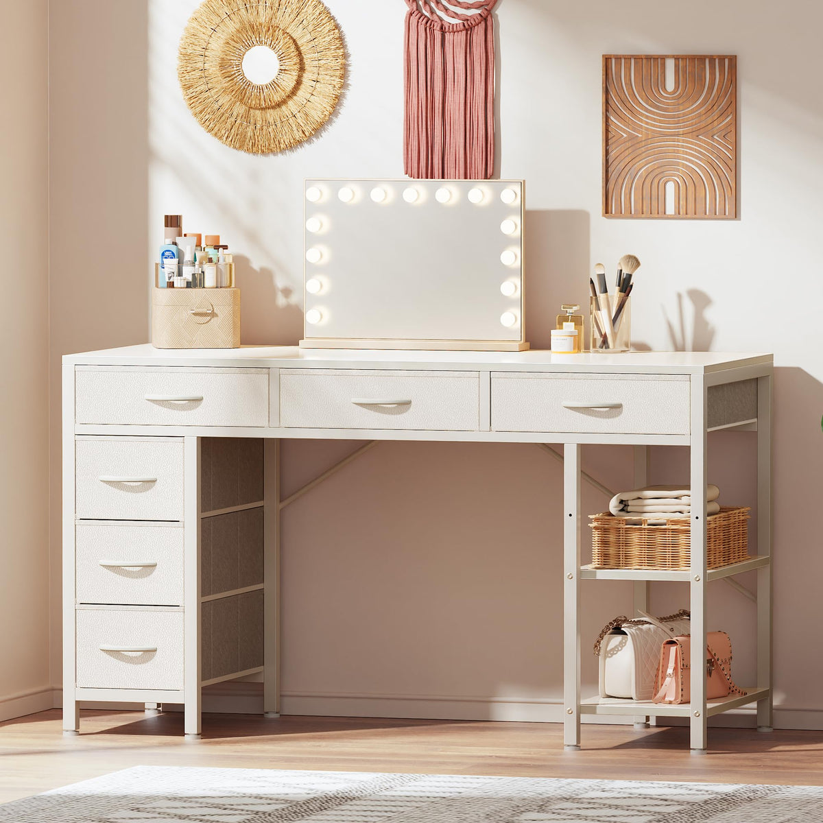 White 6 Drawer Computer Desk with Shelves Y5662
