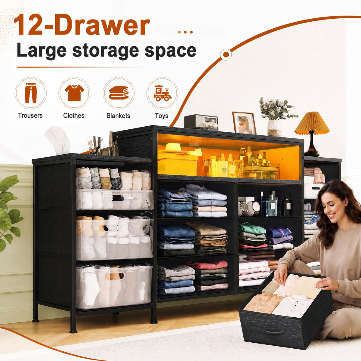 12 Drawer Dresser with LED Lights and Charging A5013