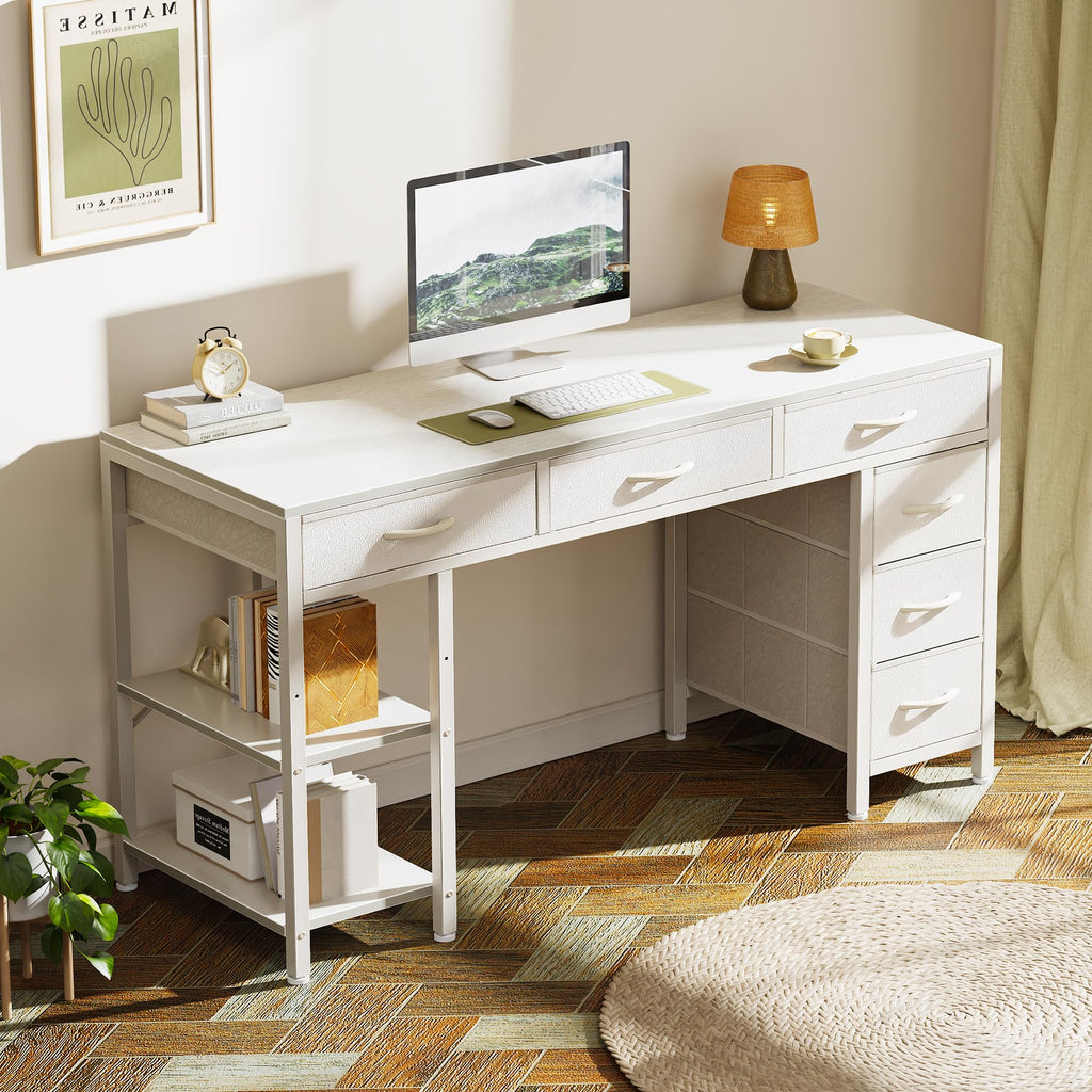 White 6 Drawer Computer Desk with Shelves Y5662