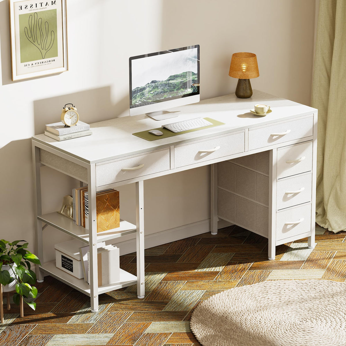 White 6 Drawer Computer Desk with Shelves Y5662